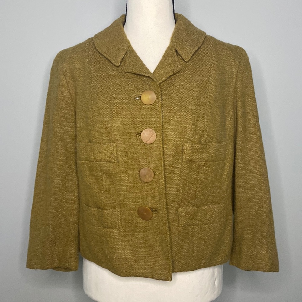 Vintage retro womens blazer wool tweed olive 3/4 sleeve button pockets